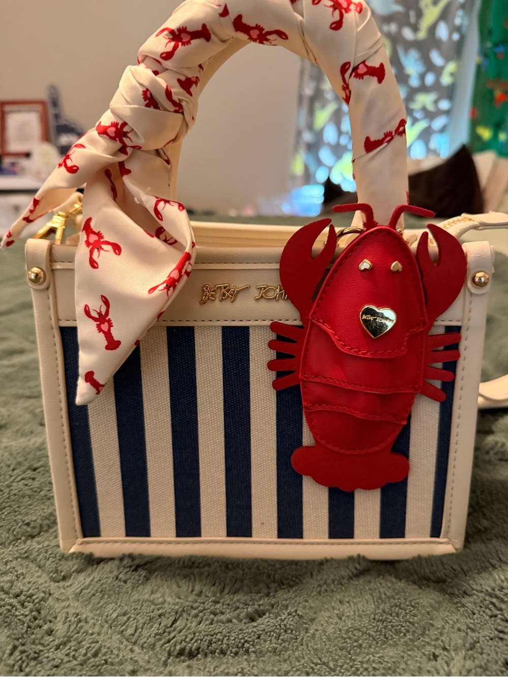 Betsy Johnson Navy and Cream Striped Box Bag with Red Lobster Charm